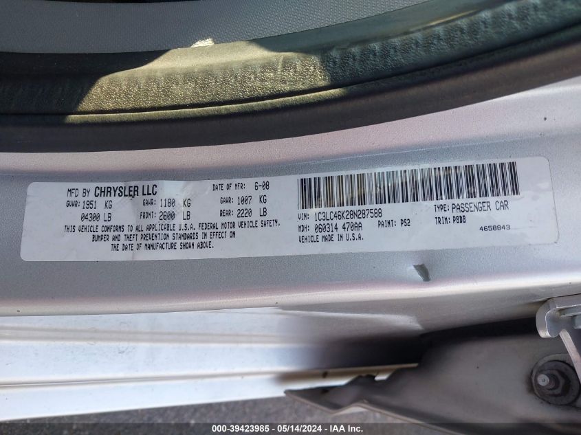 2008 Chrysler Sebring Lx VIN: 1C3LC46K28N287588 Lot: 39423985