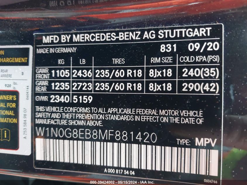 2021 Mercedes-Benz Glc 300 4Matic Suv VIN: W1N0G8EB8MF881420 Lot: 39424002