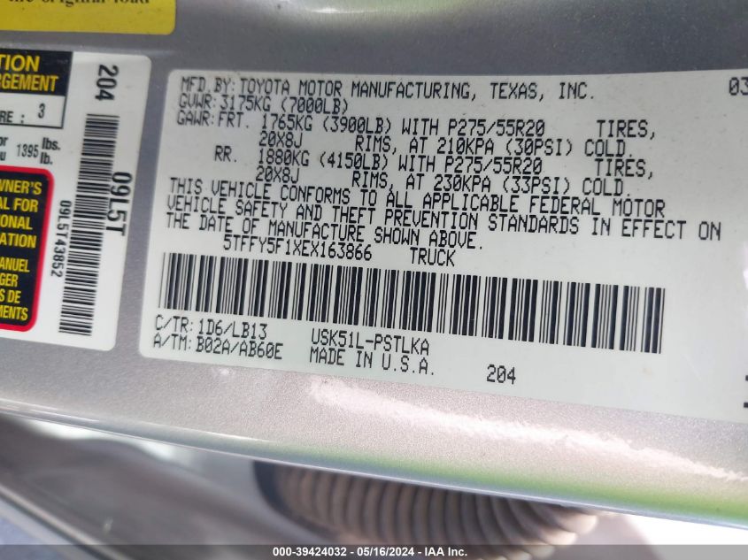 2014 Toyota Tundra Limited 5.7L V8 VIN: 5TFFY5F1XEX163866 Lot: 39424032