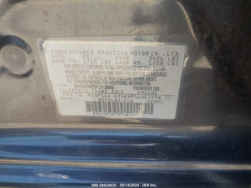 2015 Nissan Versa 1.6 Sv VIN: 3N1CN7AP3FL810949 Lot: 39424035