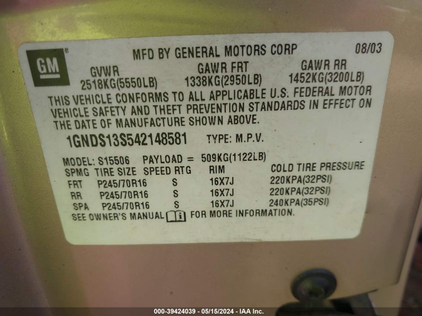 2004 Chevrolet Trailblazer Ls VIN: 1GNDS13S542148581 Lot: 39424039