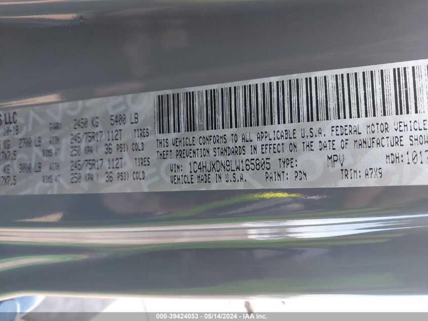 2020 Jeep Wrangler Unlimited Sport S 4X4 VIN: 1C4HJXDN9LW165805 Lot: 39424053