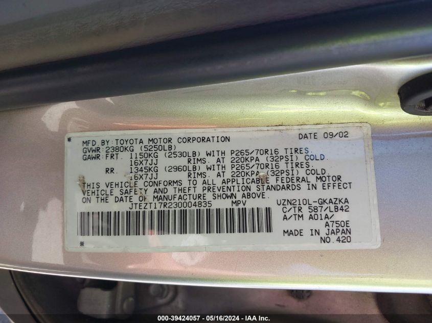 2003 Toyota 4Runner Limited V8 VIN: JTEZT17R230004835 Lot: 39424057