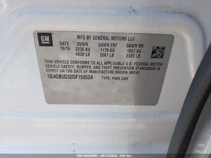 2016 Buick Lacrosse Leather VIN: 1G4GB5G32GF150524 Lot: 39424063