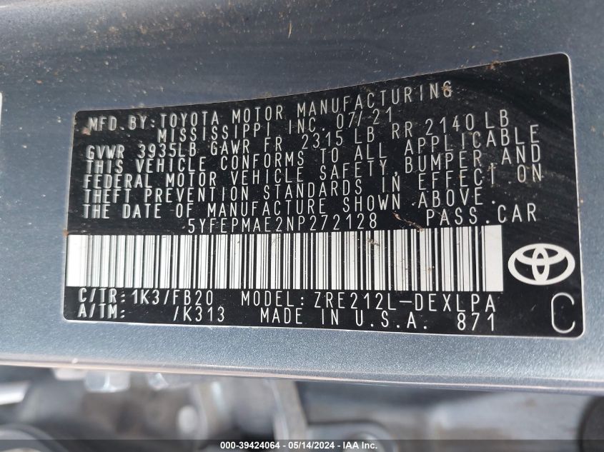 2022 TOYOTA COROLLA LE - 5YFEPMAE2NP272128