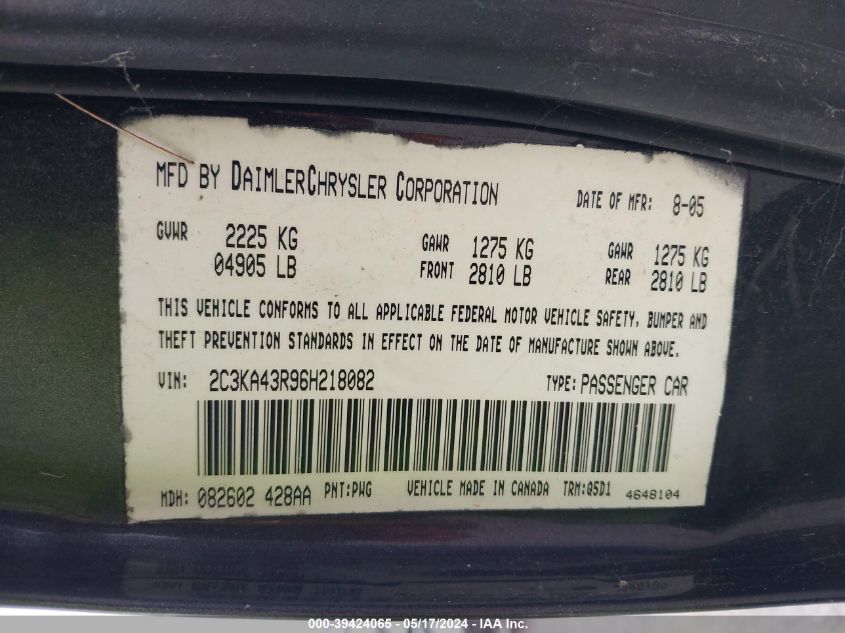 2006 Chrysler 300 VIN: 2C3KA43R96H218082 Lot: 39424065