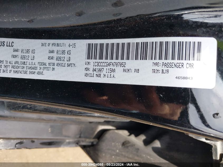 2015 Chrysler 200 C VIN: 1C3CCCCG4FN707052 Lot: 39424085