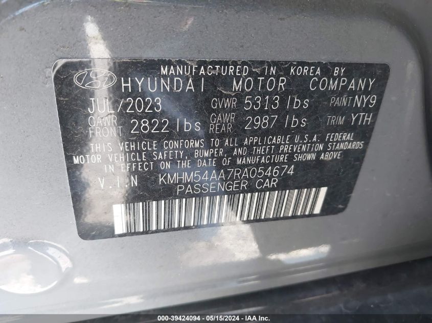 2024 Hyundai Ioniq 6 Limited VIN: KMHM54AA7RA054674 Lot: 39424094