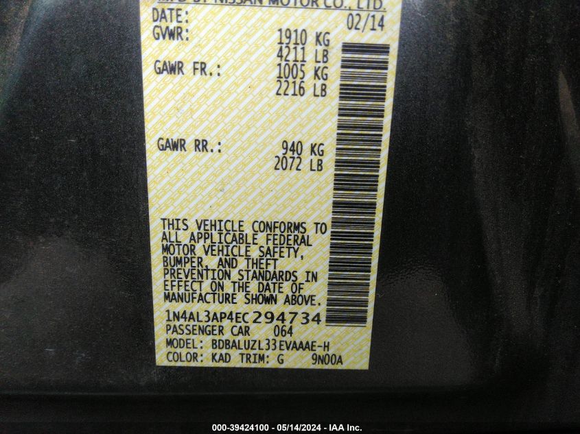 2014 Nissan Altima 2.5 Sv VIN: 1N4AL3AP4EC294734 Lot: 39424100