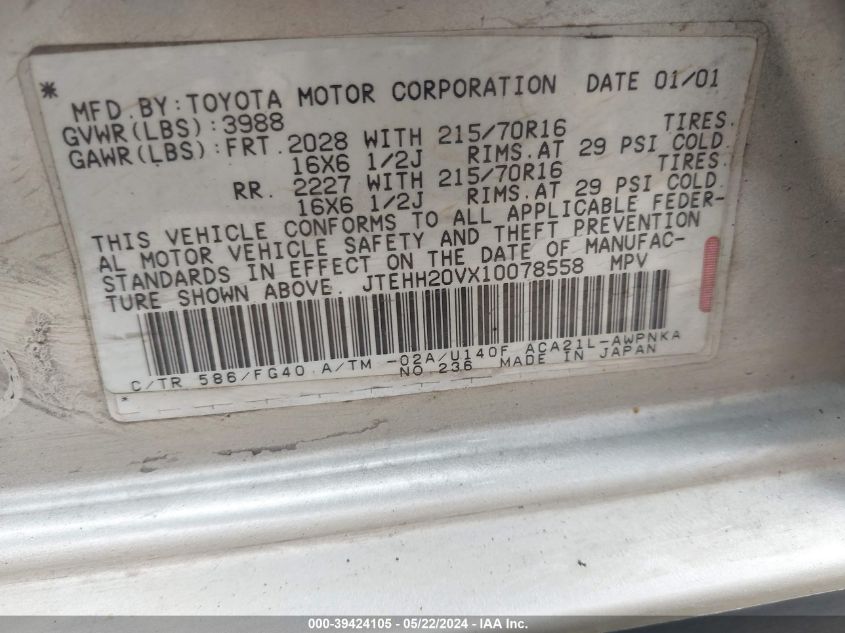 2001 Toyota Rav4 VIN: JTEHH20VX10078558 Lot: 39424105