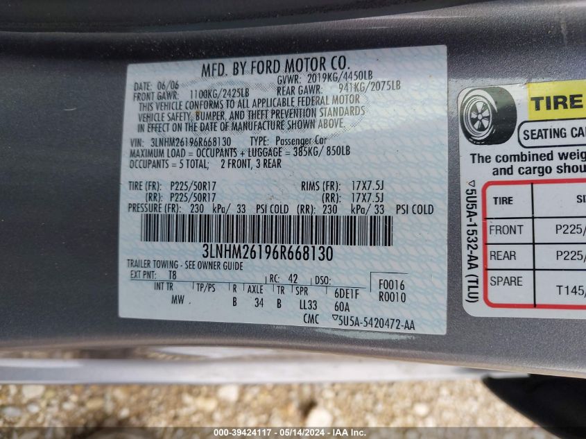 2006 Lincoln Zephyr VIN: 3LNHM26196R668130 Lot: 39424117