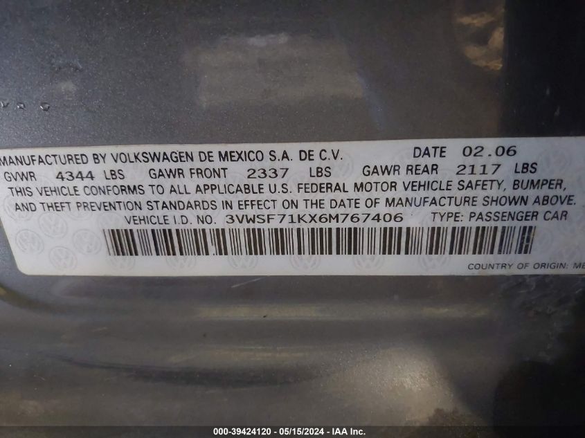 2006 Volkswagen Jetta 2.5 VIN: 3VWSF71KX6M767406 Lot: 39424120