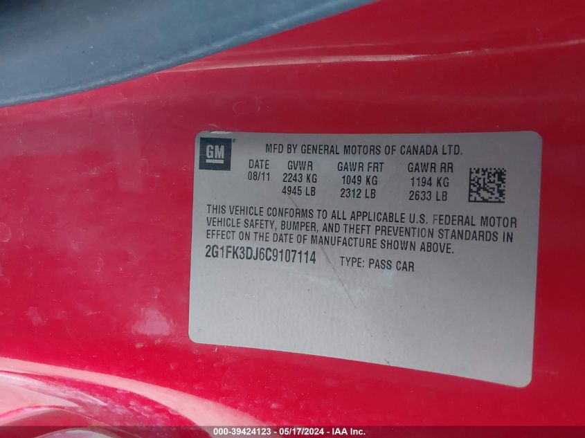 2012 Chevrolet Camaro 2Ss VIN: 2G1FK3DJ6C9107114 Lot: 39424123