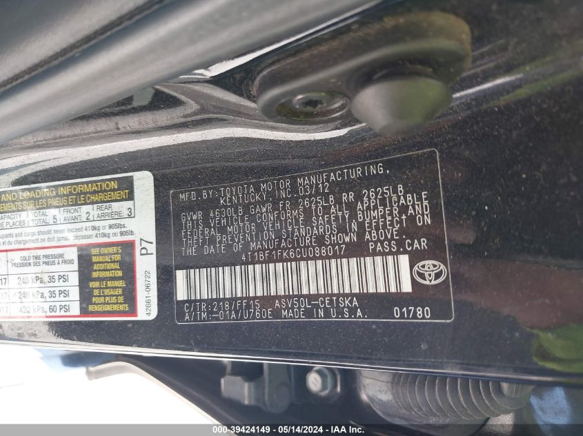 2012 Toyota Camry Se VIN: 4T1BF1FK6CU088017 Lot: 39424149