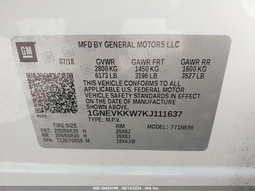 2019 Chevrolet Traverse Premier VIN: 1GNEVKKW7KJ111637 Lot: 39424190