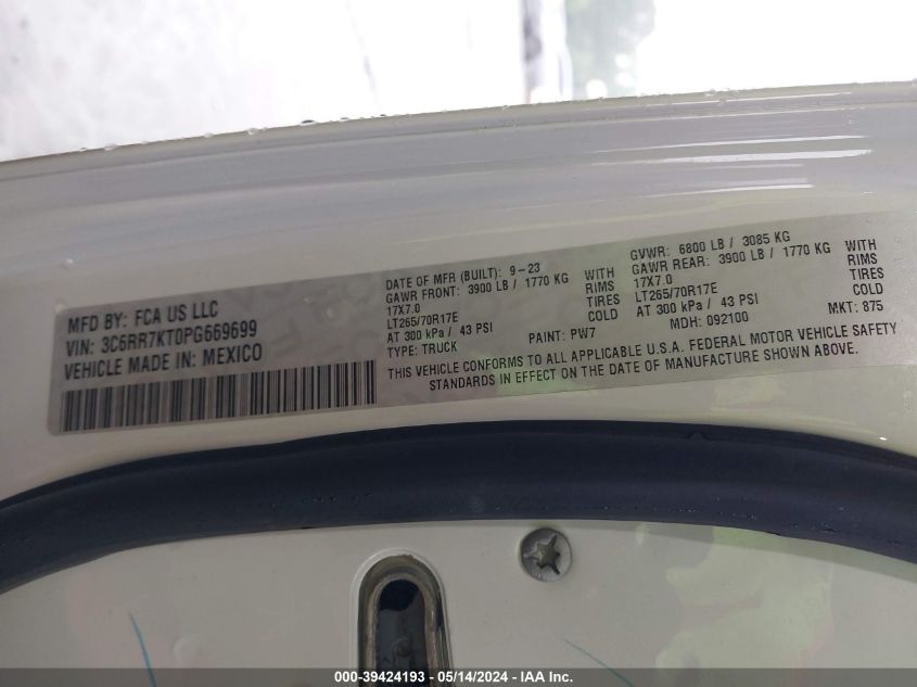 2023 Ram 1500 Classic Tradesman 4X4 5'7 Box VIN: 3C6RR7KT0PG669699 Lot: 39424193