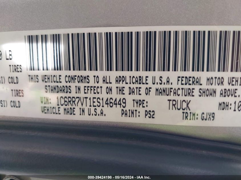 2014 Ram 1500 Laramie VIN: 1C6RR7VT1ES146449 Lot: 39424198