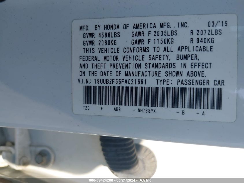 2015 Acura Tlx V6 Tech VIN: 19UUB2F56FA021661 Lot: 39424208