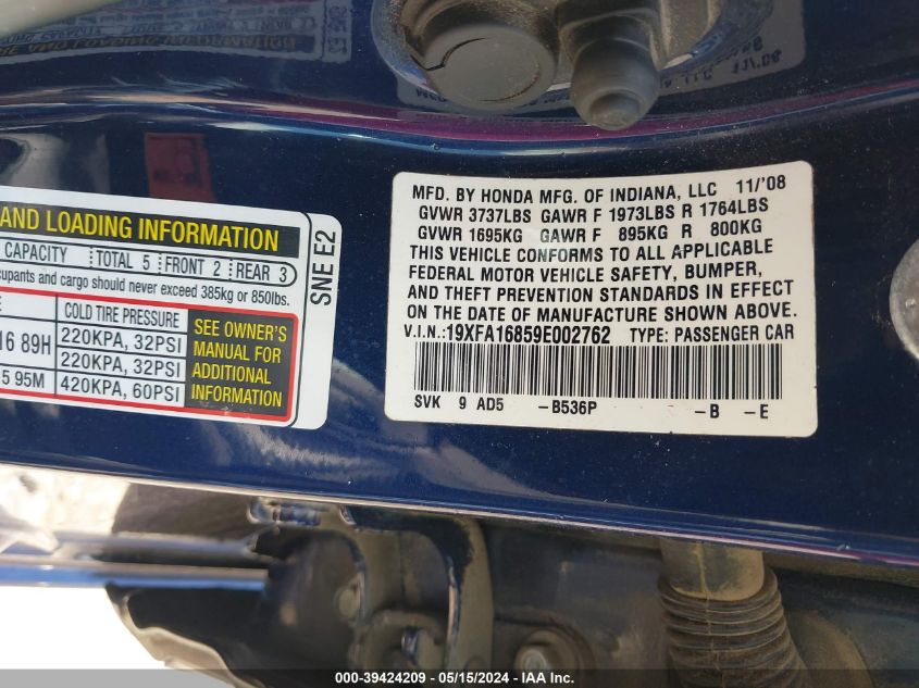 2009 Honda Civic Ex VIN: 19XFA16859E002762 Lot: 39424209