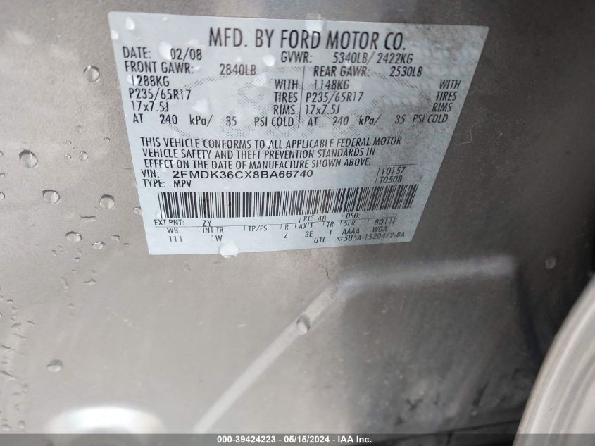 2008 Ford Edge Se VIN: 2FMDK36CX8BA66740 Lot: 39424223