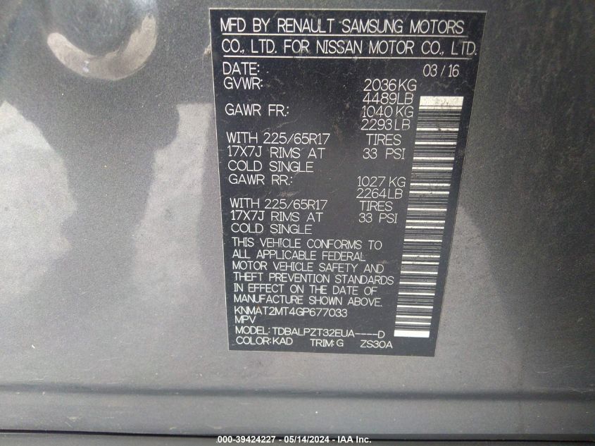 2016 Nissan Rogue S/Sl/Sv VIN: KNMAT2MT4GP677033 Lot: 39424227