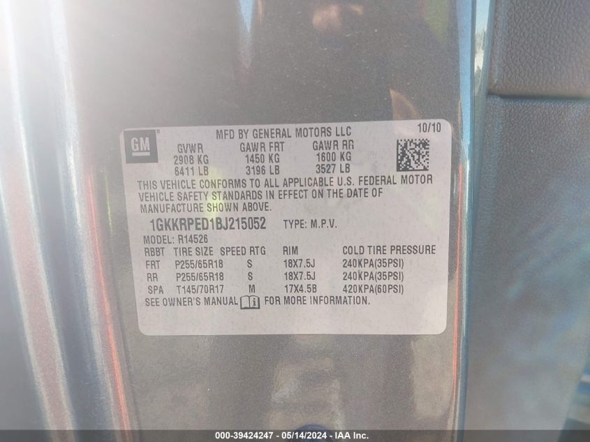 2011 GMC Acadia Sle VIN: 1GKKRPED1BJ215052 Lot: 39424247