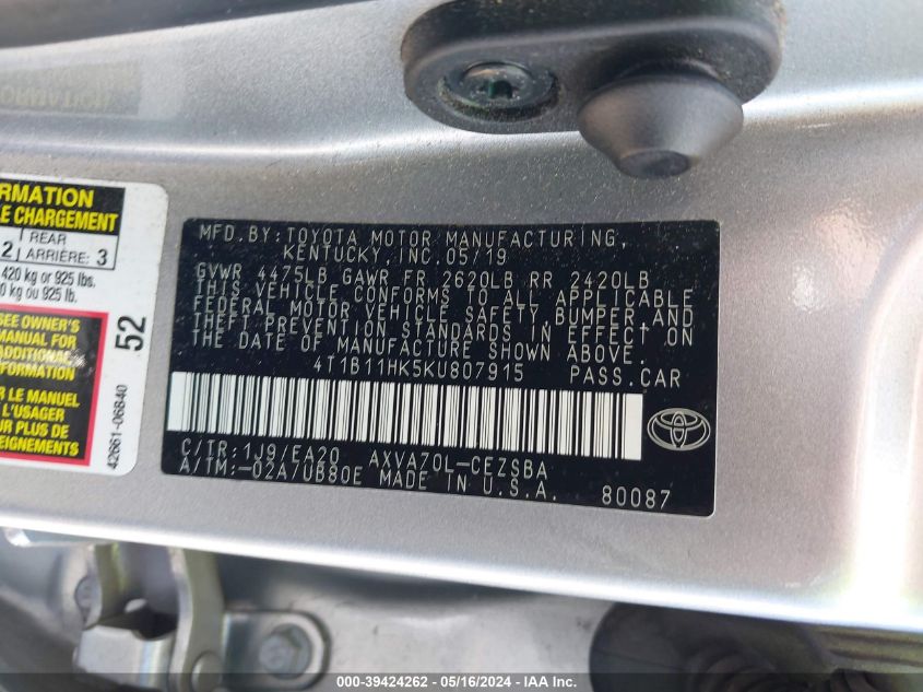2019 Toyota Camry Se VIN: 4T1B11HK5KU807915 Lot: 39424262