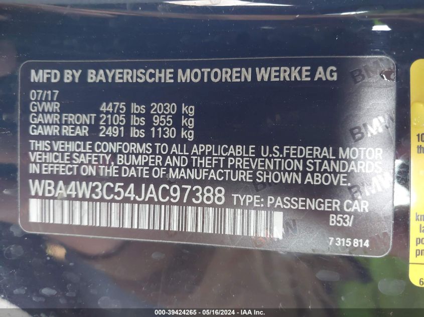 2018 BMW 430I VIN: WBA4W3C54JAC97388 Lot: 39424265