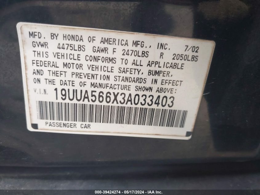 2003 Acura Tl 3.2 VIN: 19UUA566X3A033403 Lot: 39424274
