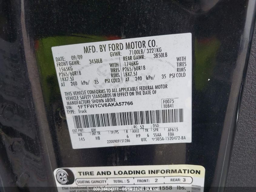 2010 Ford F-150 Fx2 Sport/Harley-Davidson/King Ranch/Lariat/Platinum/Xl/Xlt VIN: 1FTFW1CV6AKA57766 Lot: 39424277