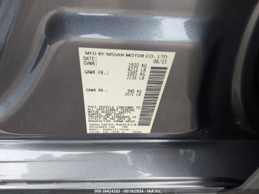 2015 Nissan Altima 2.5/2.5 S/2.5 Sl/2.5 Sv VIN: 1N4AL3AP3FC460324 Lot: 39424283