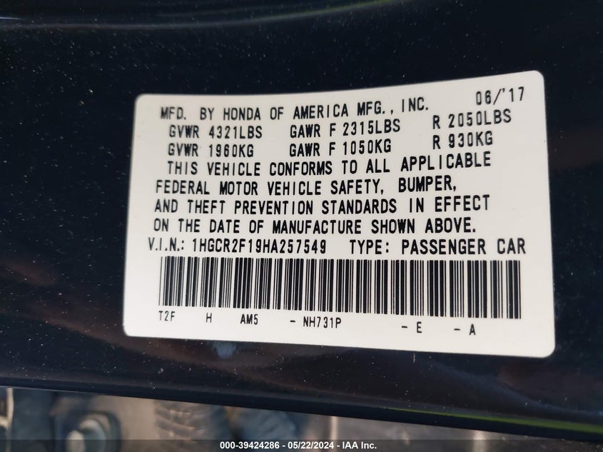 VIN 1HGCR2F19HA257549 2017 HONDA ACCORD SPORT SE