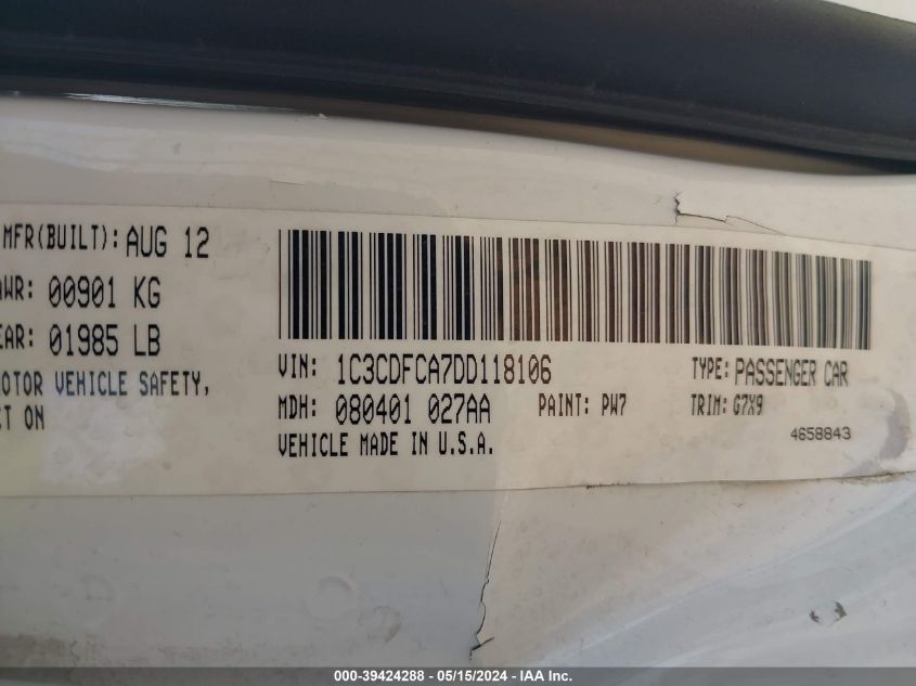 2013 Dodge Dart Limited VIN: 1C3CDFCA7DD118106 Lot: 39424288