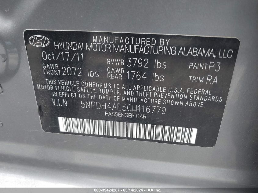 2012 Hyundai Elantra Limited VIN: 5NPDH4AE5CH116779 Lot: 39424287