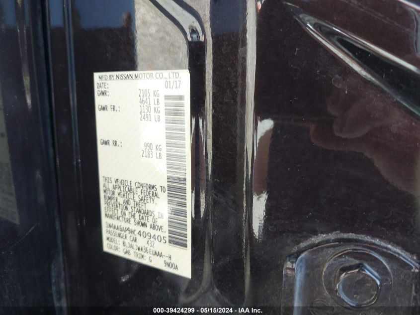 2017 Nissan Maxima 3.5 Sv VIN: 1N4AA6AP9HC409405 Lot: 39424299