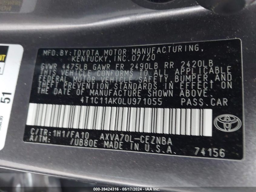 2020 Toyota Camry Le VIN: 4T1C11AK0LU971055 Lot: 39424316