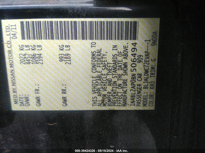 2011 Nissan Altima 3.5 Sr VIN: 1N4BL2AP0BN506494 Lot: 39424326