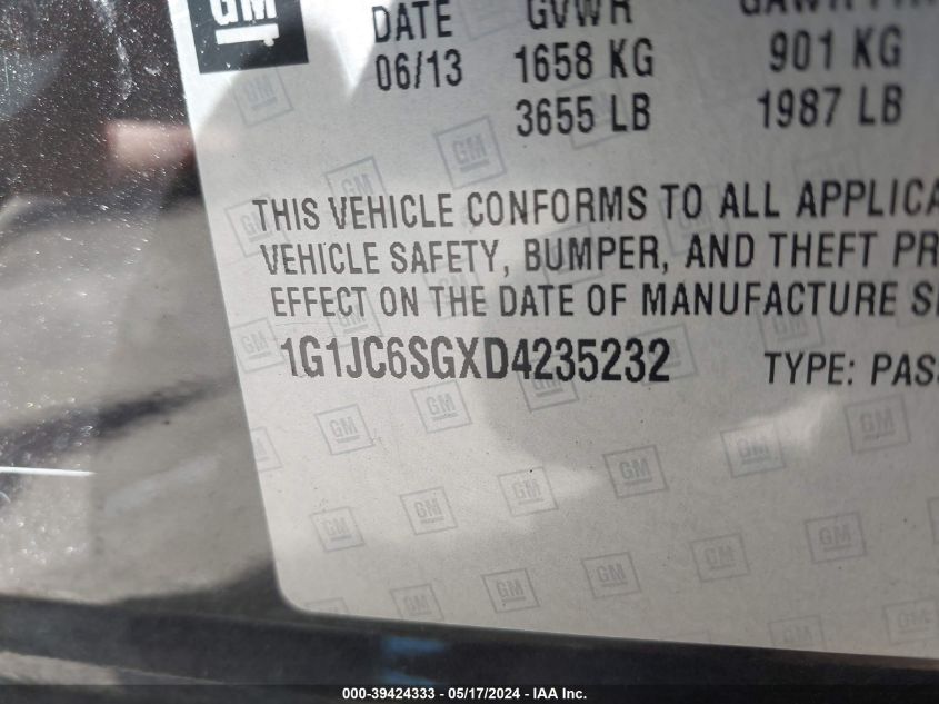 2013 Chevrolet Sonic Lt VIN: 1G1JC6SGXD4235232 Lot: 39424333