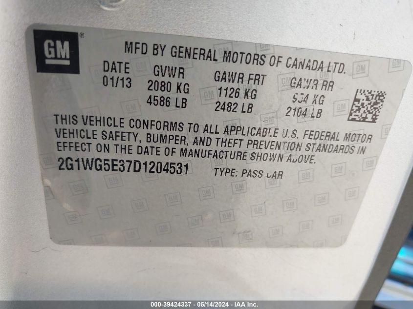2013 Chevrolet Impala Lt VIN: 2G1WG5E37D1204531 Lot: 39424337