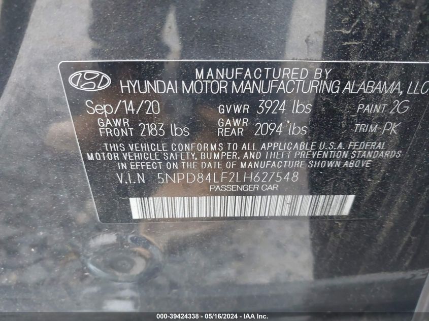 2020 Hyundai Elantra Sel VIN: 5NPD84LF2LH627548 Lot: 39424338