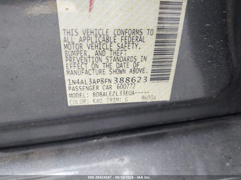 2015 Nissan Altima 2.5/2.5 S/2.5 Sl/2.5 Sv VIN: 1N4AL3AP8FN388623 Lot: 39424347
