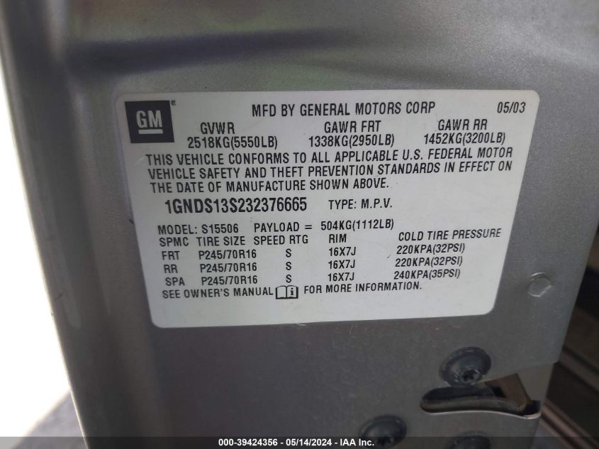 2003 Chevrolet Trailblazer Lt VIN: 1GNDS13S232376665 Lot: 39424356