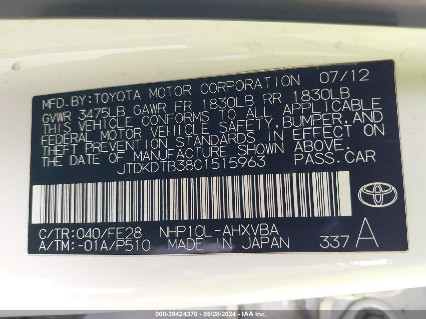 2012 Toyota Prius C One VIN: JTDKDTB38C1515963 Lot: 39424370