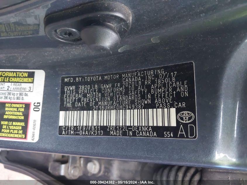 2017 TOYOTA COROLLA L/LE/XLE/SE/XSE - 2T1BURHE0HC949387