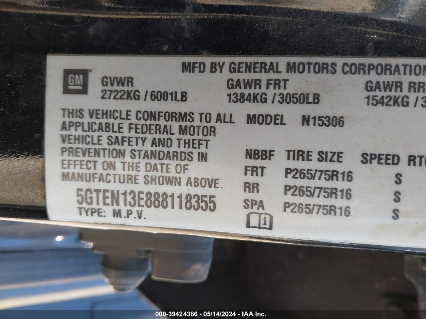 2008 Hummer H3 Suv VIN: 5GTEN13E888118355 Lot: 39424386