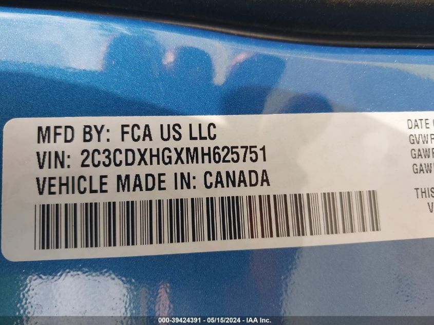 2021 Dodge Charger Gt Rwd VIN: 2C3CDXHGXMH625751 Lot: 39424391