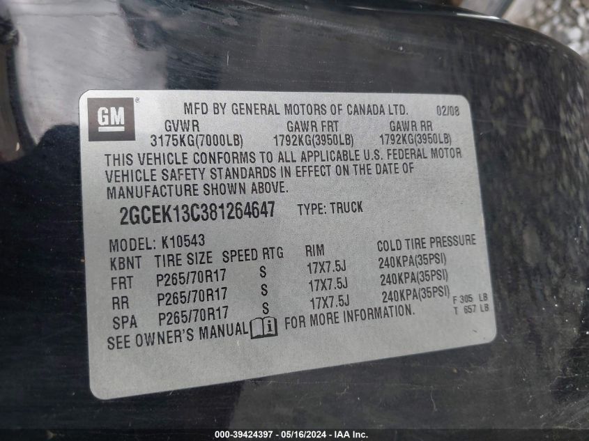 2008 Chevrolet Silverado 1500 Ls VIN: 2GCEK13C381264647 Lot: 39424397