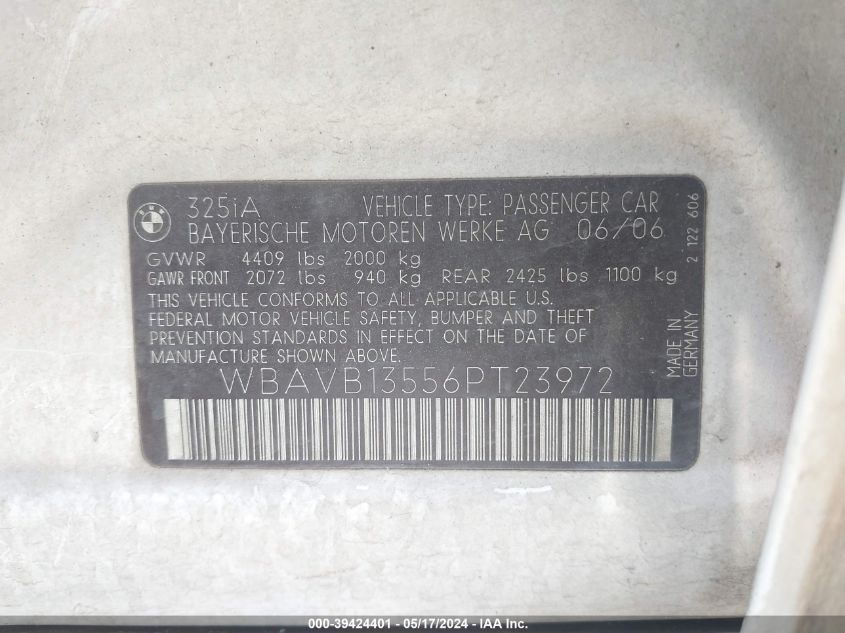 2006 BMW 325I VIN: WBAVB13556PT23972 Lot: 39424401