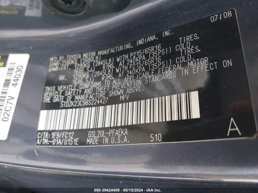 2008 Toyota Sienna Le VIN: 5TDZK23C98S224427 Lot: 39424409