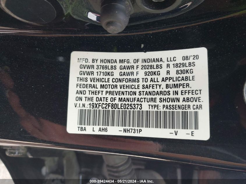 2020 Honda Civic Sport VIN: 19XFC2F80LE025373 Lot: 39424434